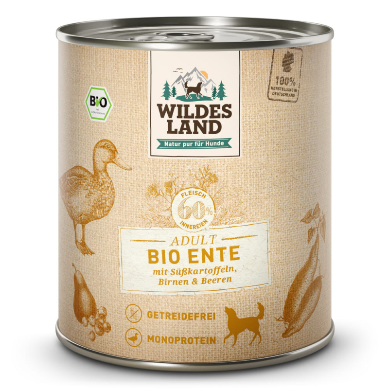 Wildes Land BIO Adult Ente mit Süßkartoffeln, Birnen & Beeren Nassfutter 800 g